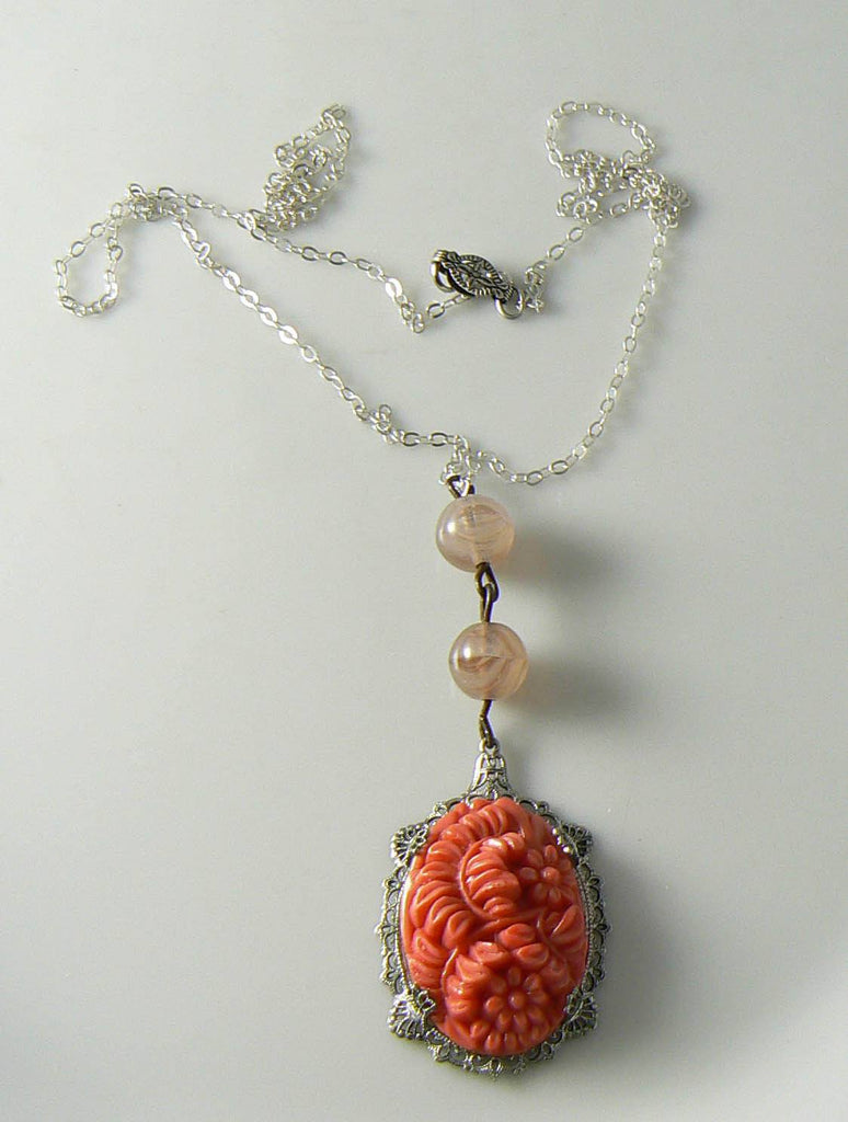 Vintage Art Deco Molded Coral Glass Sterling Silver Pendant Necklace - Vintage Lane Jewelry