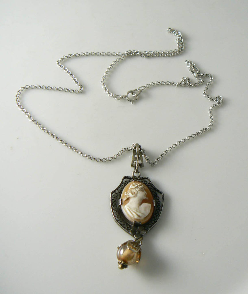 Vintage Sterling Silver Shell Cameo Pendant Necklace - Vintage Lane Jewelry