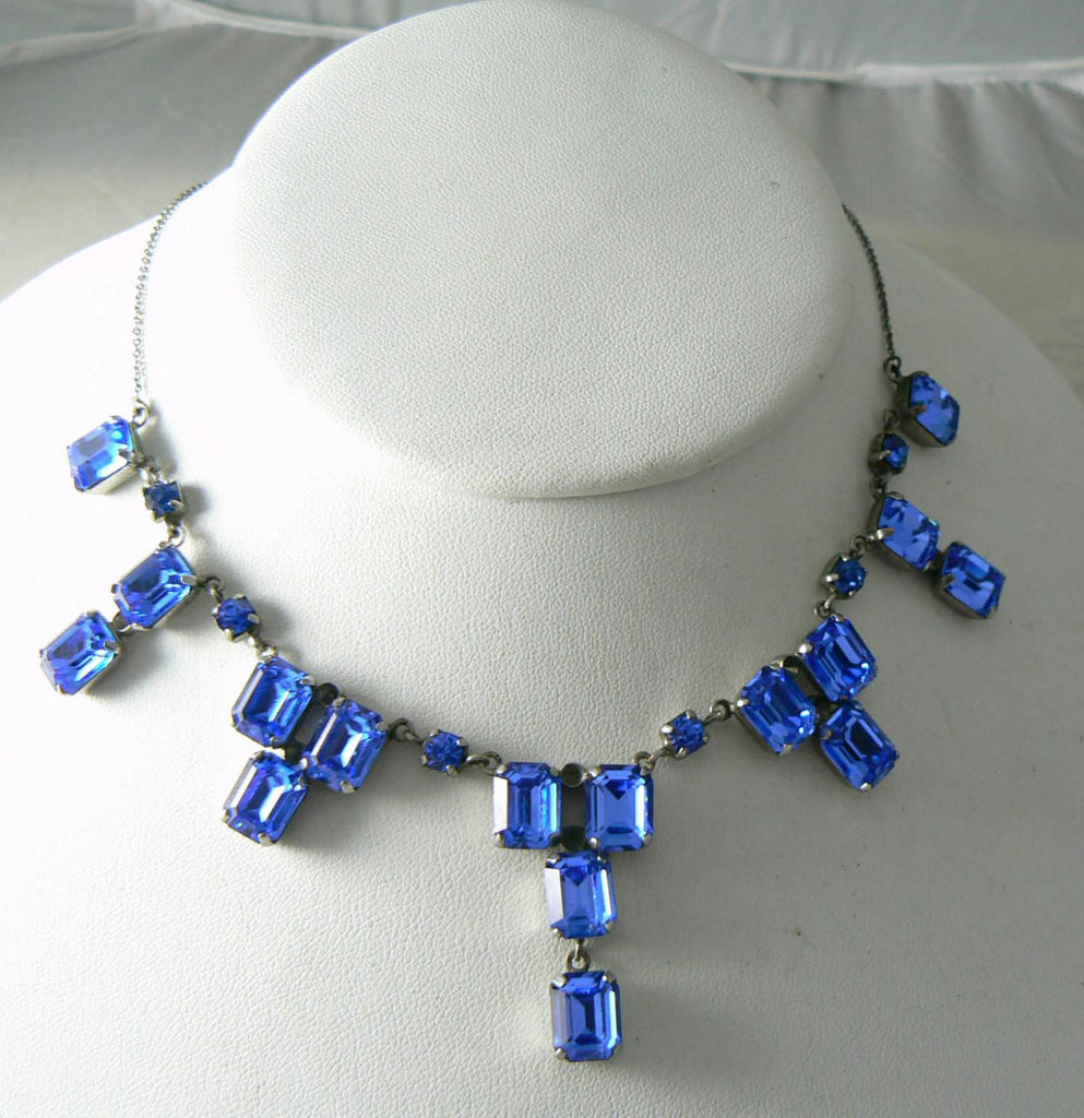 Vintage Sparkling Art Deco Blue Rhinestone Necklace - Vintage Lane Jewelry