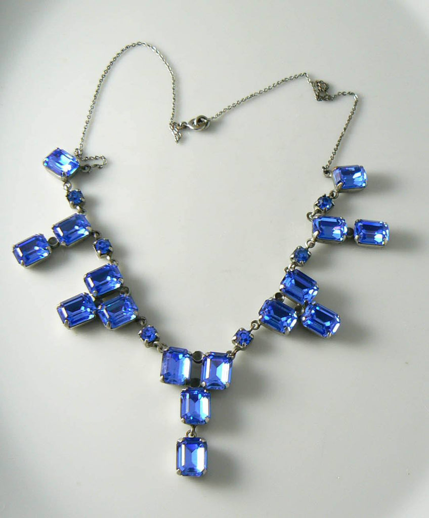 Vintage Sparkling Art Deco Blue Rhinestone Necklace - Vintage Lane Jewelry