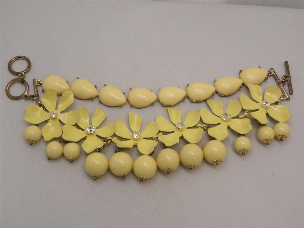 Huge Retro Yellow Enamel Flower And Plastic Bead Bracelet - Vintage Lane Jewelry