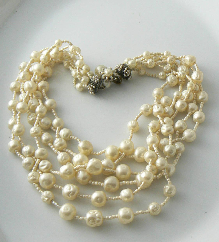 Miriam Haskell 6 Strand Baroque Style Pearl Vintage Necklace - Vintage Lane Jewelry