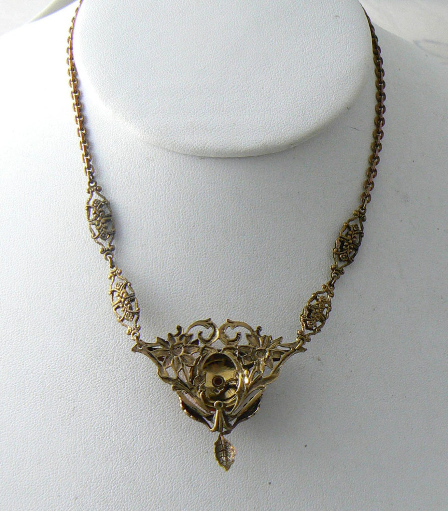 Vintage Victorian Revival Molded Coral Glass Filigree Necklace
