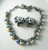 Florenza Moonstone Faux Pearl Blue Ab Rhinestone Necklace Earring Set - Vintage Lane Jewelry