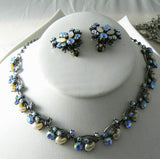 Florenza Moonstone Faux Pearl Blue Ab Rhinestone Necklace Earring Set - Vintage Lane Jewelry