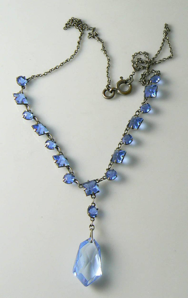 Art Deco Silver Tone Blue Glass Geometric Link Necklace With Pendant - Vintage Lane Jewelry