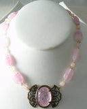 Vintage Art Deco Pink Glass And Scarab Pendant Necklace - Vintage Lane Jewelry