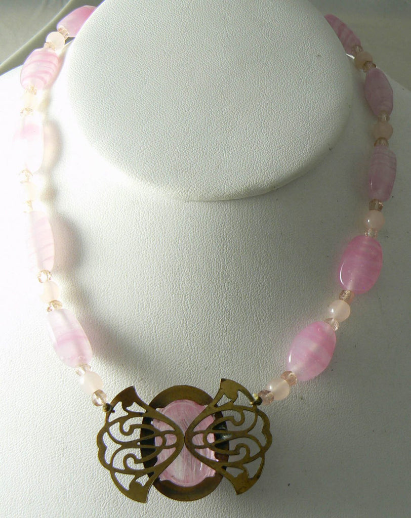 Vintage Art Deco Pink Glass And Scarab Pendant Necklace - Vintage Lane Jewelry