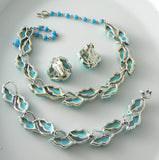Lisner Blue Thermoset Molded Leaves Parure - Vintage Lane Jewelry