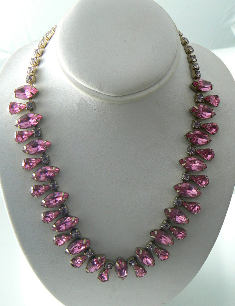 Pretty In Pink Vintage Glass Rhinestone Bib Necklace - Vintage Lane Jewelry