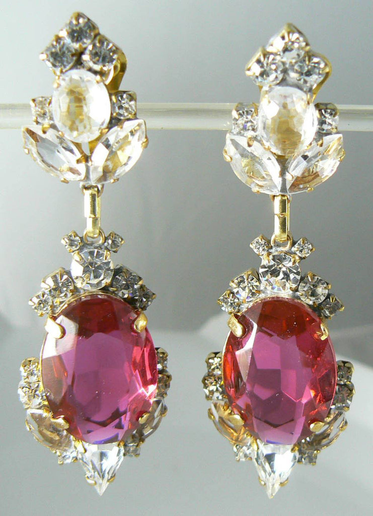 Pretty Czech Glass Fuchsia Pink Rhinestone Earrings - Vintage Lane Jewelry