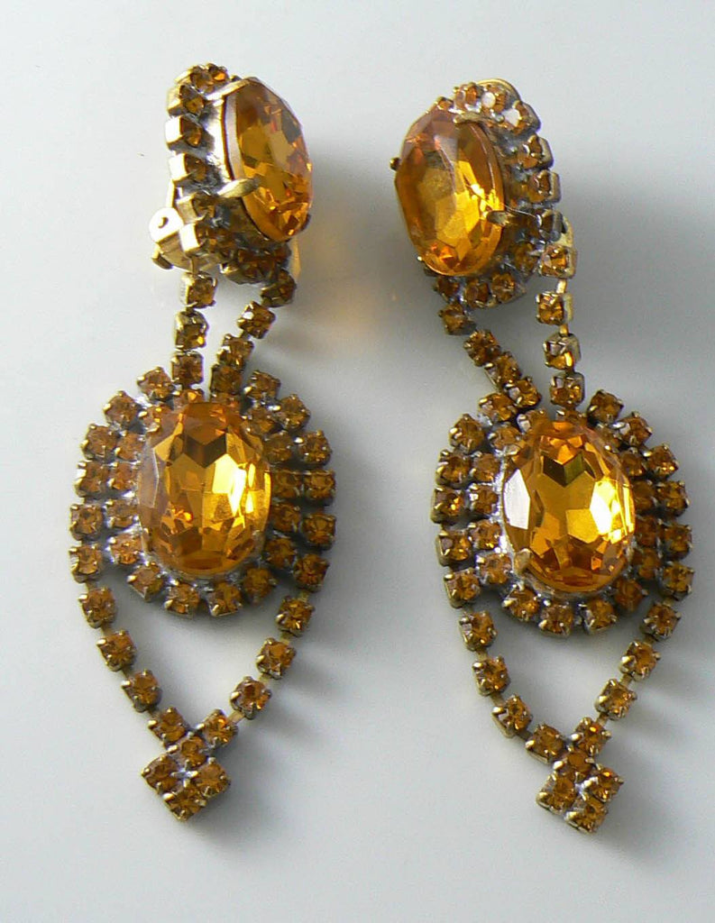 Gold Topaz Czech Glass Rhinestone Earrings - Vintage Lane Jewelry