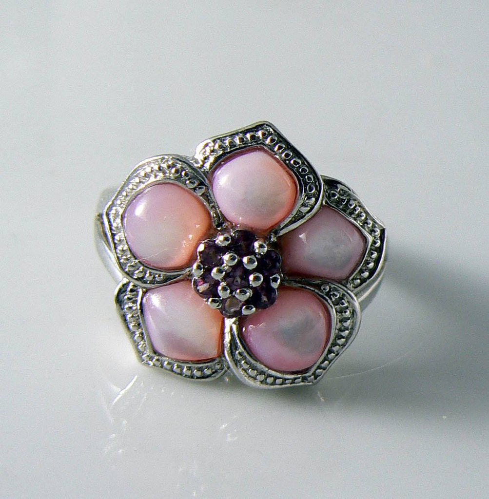 Affinity Sterling Silver Pink Mother Of Pearl Ruby Flower Ring - Vintage Lane Jewelry