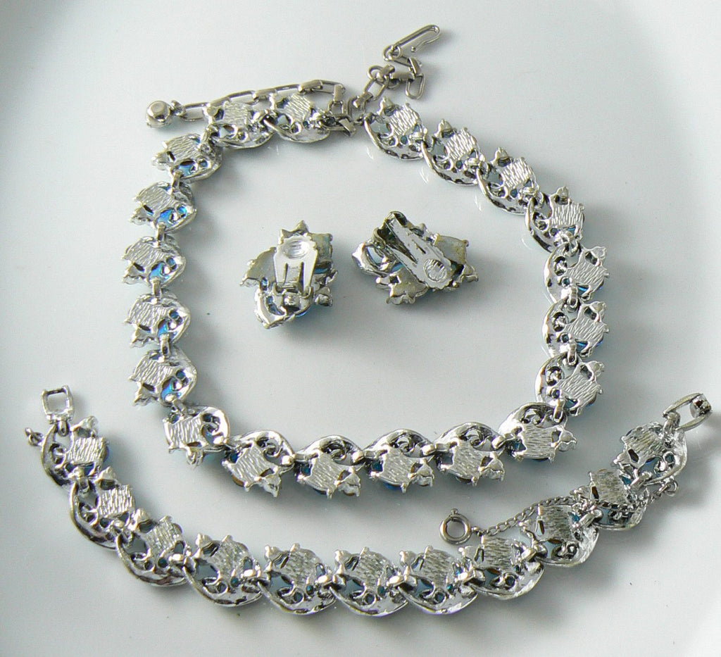Vintage Aqua Glass Cabs Enamel Leaf Necklace, Bracelet, Earrings Set - Vintage Lane Jewelry