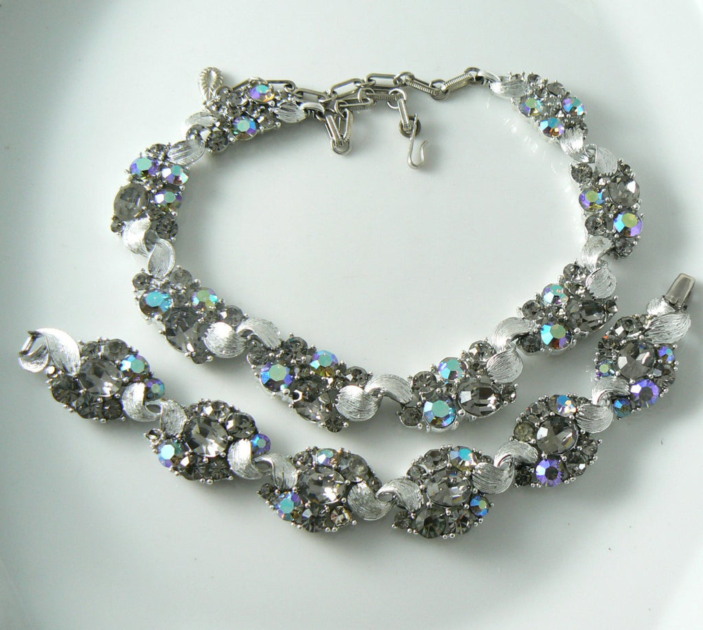 Vintage Lisner Gray Borealis Rhinestone Necklace And Bracelet Set - Vintage Lane Jewelry