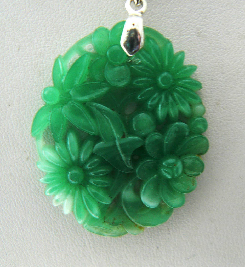 Vintage Jade Glass Floral Pendant, White G.f. Chain Necklace - Vintage Lane Jewelry