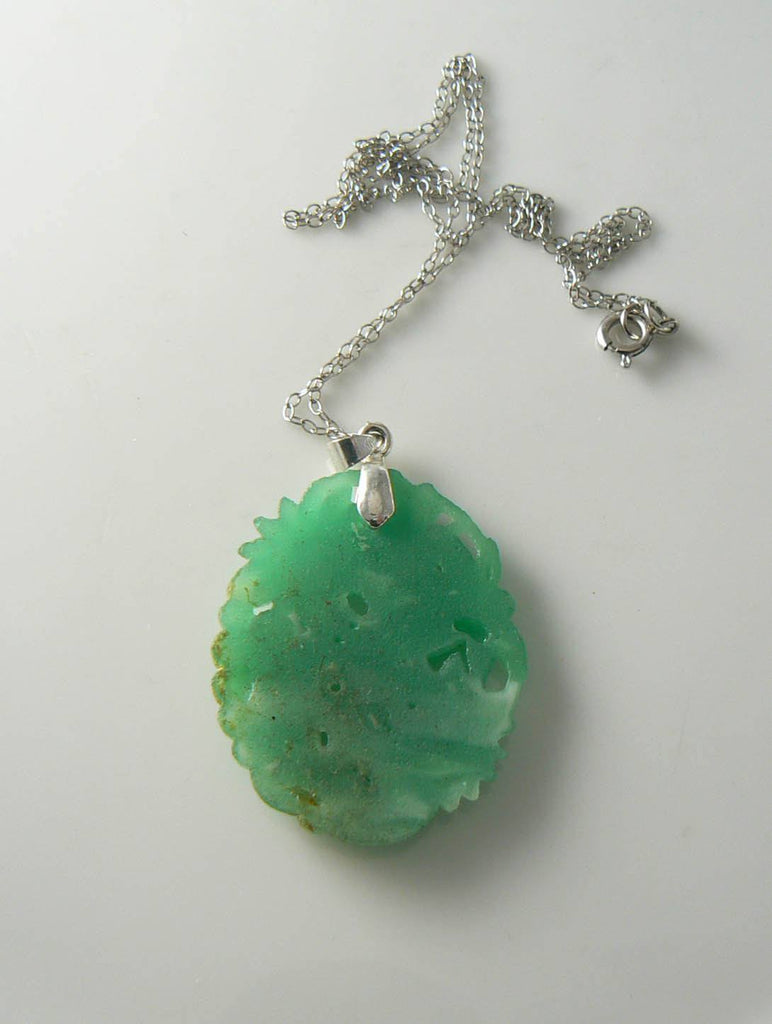 Vintage Jade Glass Floral Pendant, White G.f. Chain Necklace - Vintage Lane Jewelry