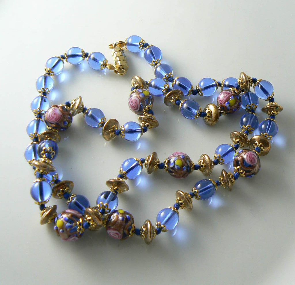 Blue Italian Wedding Cake Venetian Glass Bead Necklace - Vintage Lane Jewelry