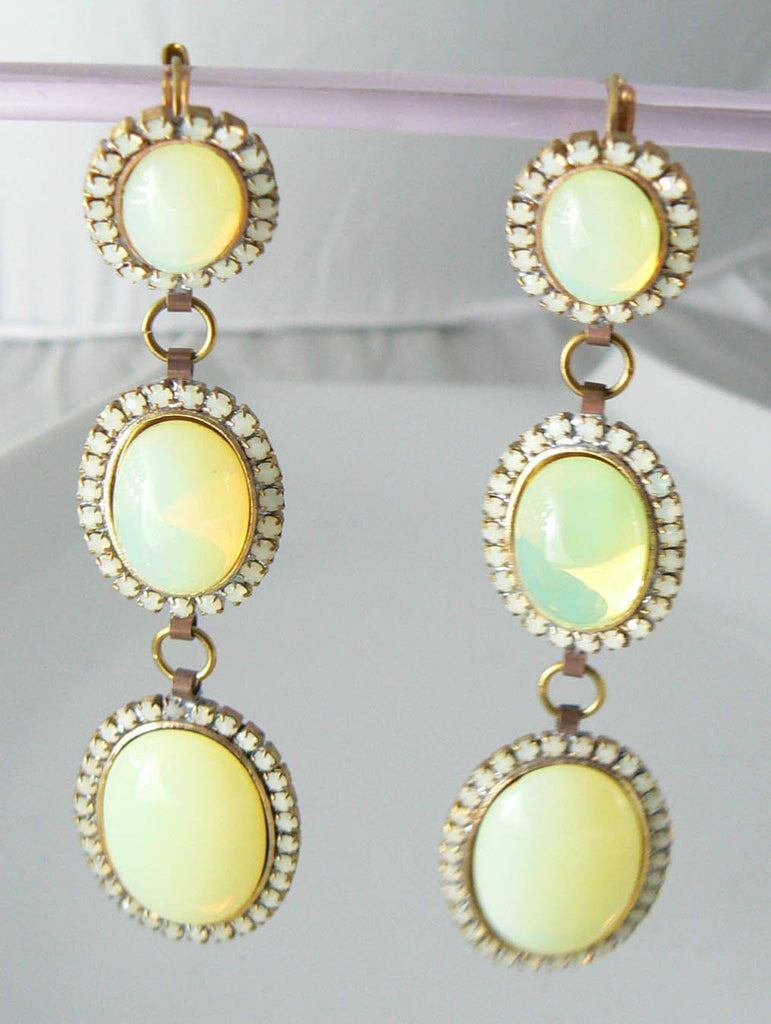Large Pierced Style Czech Vaseline Uranium Glass Earrings - Vintage Lane Jewelry