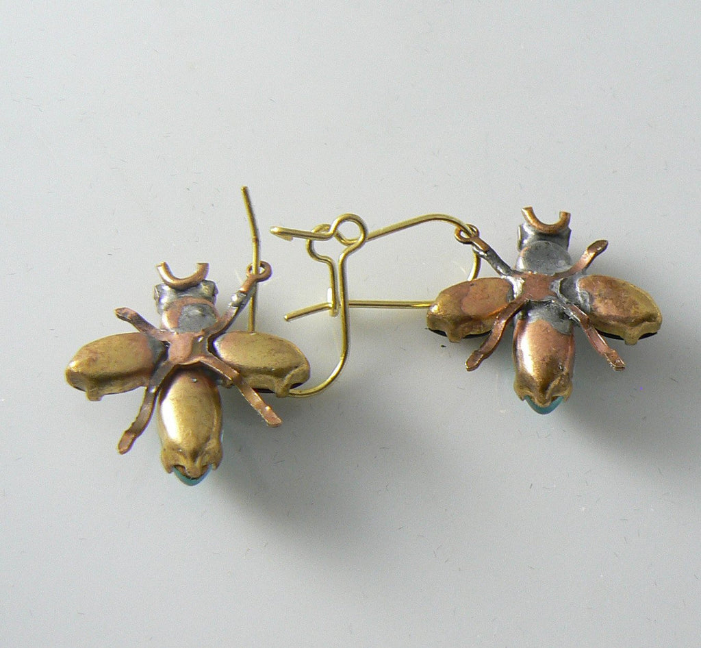 Cute Czech Glass Rhinestone Fly Earrings, pink and clear - Vintage Lane Jewelry