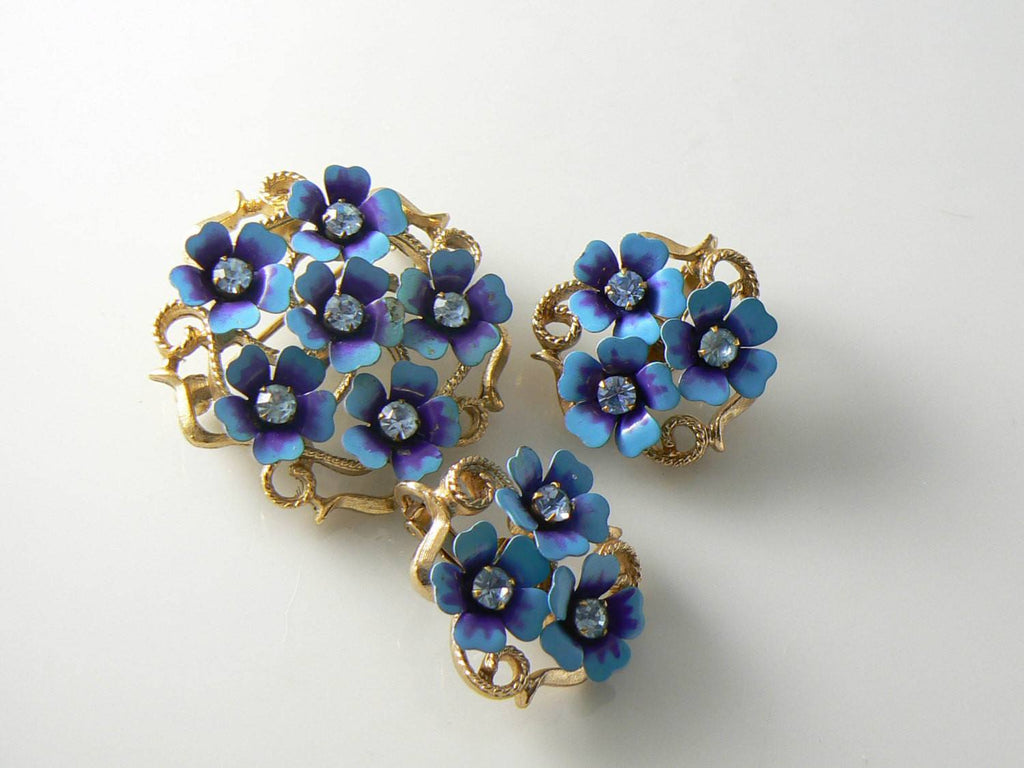 Vintage Avon Blue Enamel Metal Flowers Brooch Earrings - Vintage Lane Jewelry
