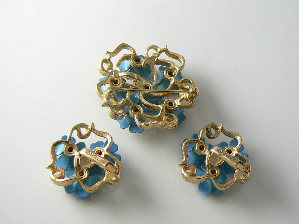 Vintage Avon Blue Enamel Metal Flowers Brooch Earrings - Vintage Lane Jewelry
