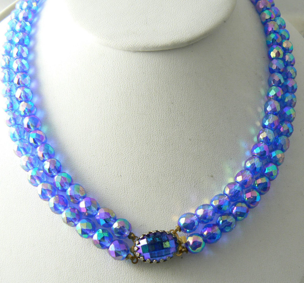 Vintage Double Strand Blue Iridescent Crystal Necklace - Vintage Lane Jewelry