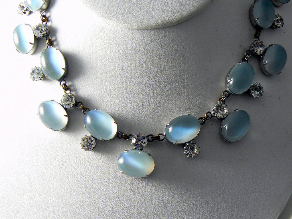Beautiful Light Blue Glass Cabochon And Rhinestone Necklace - Vintage Lane Jewelry
