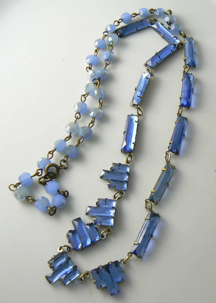 Vintage Art Deco Cornflower Blue Step Glass Necklace - Vintage Lane Jewelry