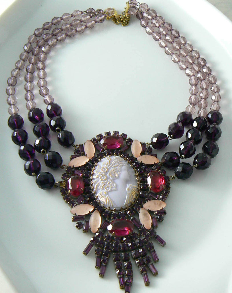 Vintage Czech Glass Beaded Cameo Necklace - Vintage Lane Jewelry