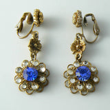 Vintage Dangling Sapphire-blue Rhinestone Flower Earrings - Vintage Lane Jewelry