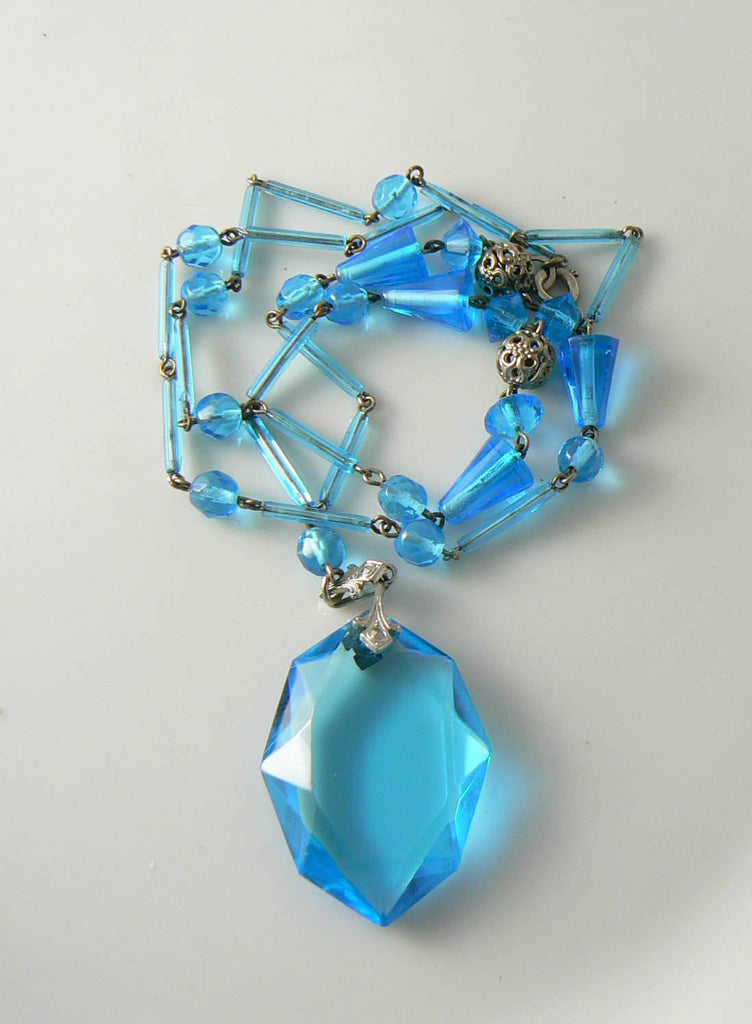 Spectacular Aqua Blue Art Deco Czech Art Glass Necklace - Vintage Lane Jewelry