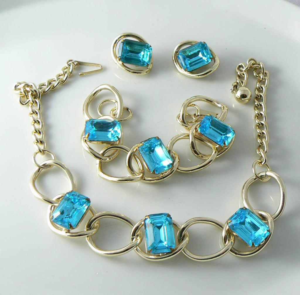 Vintage Aqua-blue Baguette Rhinestone Parure - Vintage Lane Jewelry