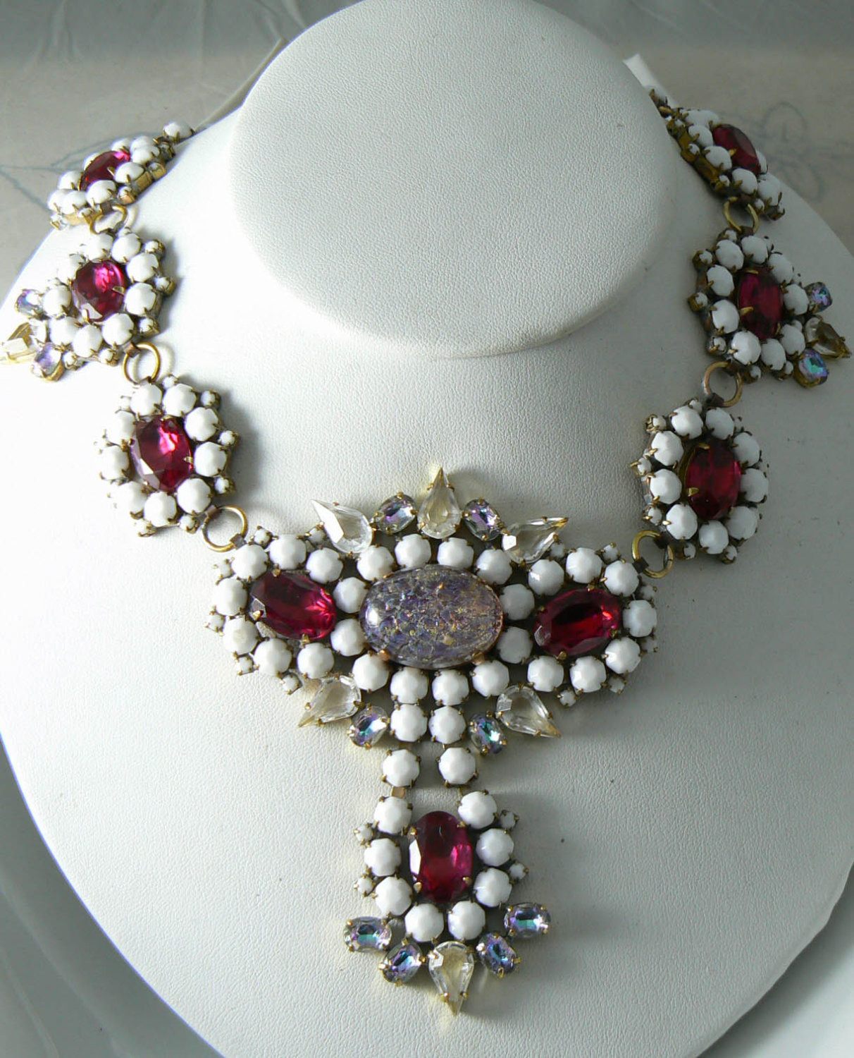 Czech Ruby Red And White Glass Statement Necklace