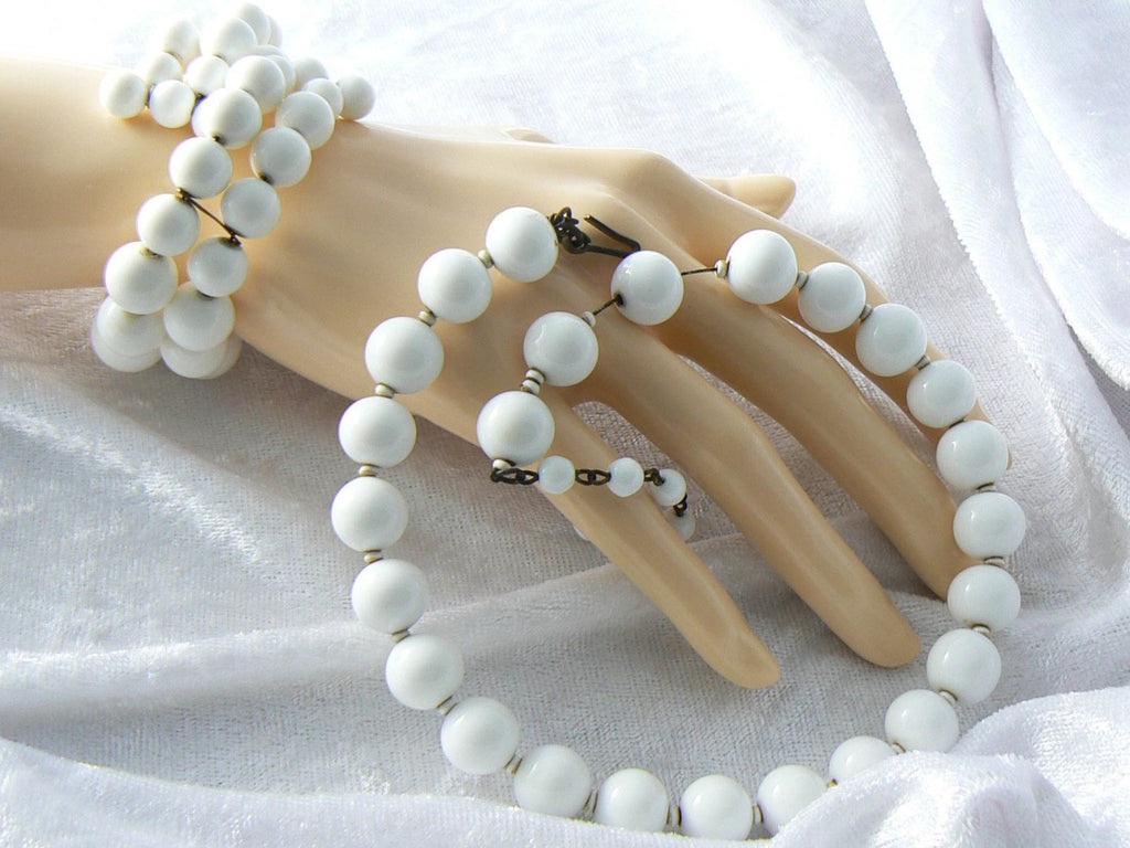 Miriam Haskell White Beaded Memory Coil Bracelet And Necklace Set - Vintage Lane Jewelry