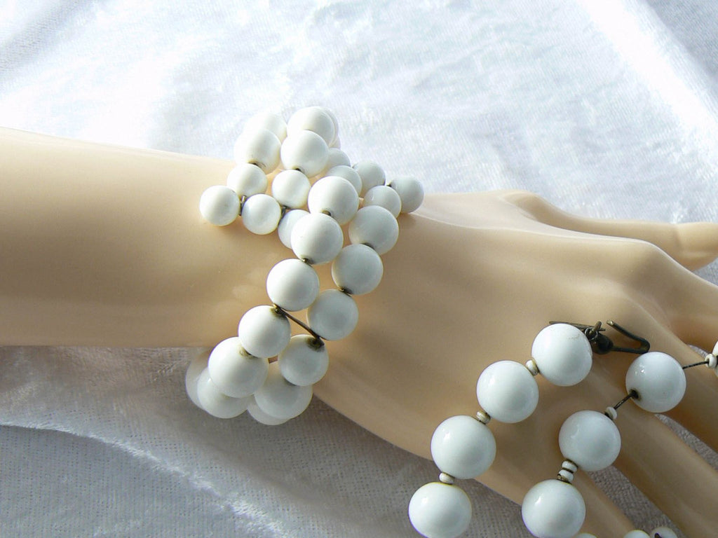 Miriam Haskell White Beaded Memory Coil Bracelet And Necklace Set - Vintage Lane Jewelry