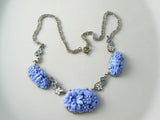 Art Deco Blue Molded Glass With Enamel Flowers Vintage Necklace - Vintage Lane Jewelry