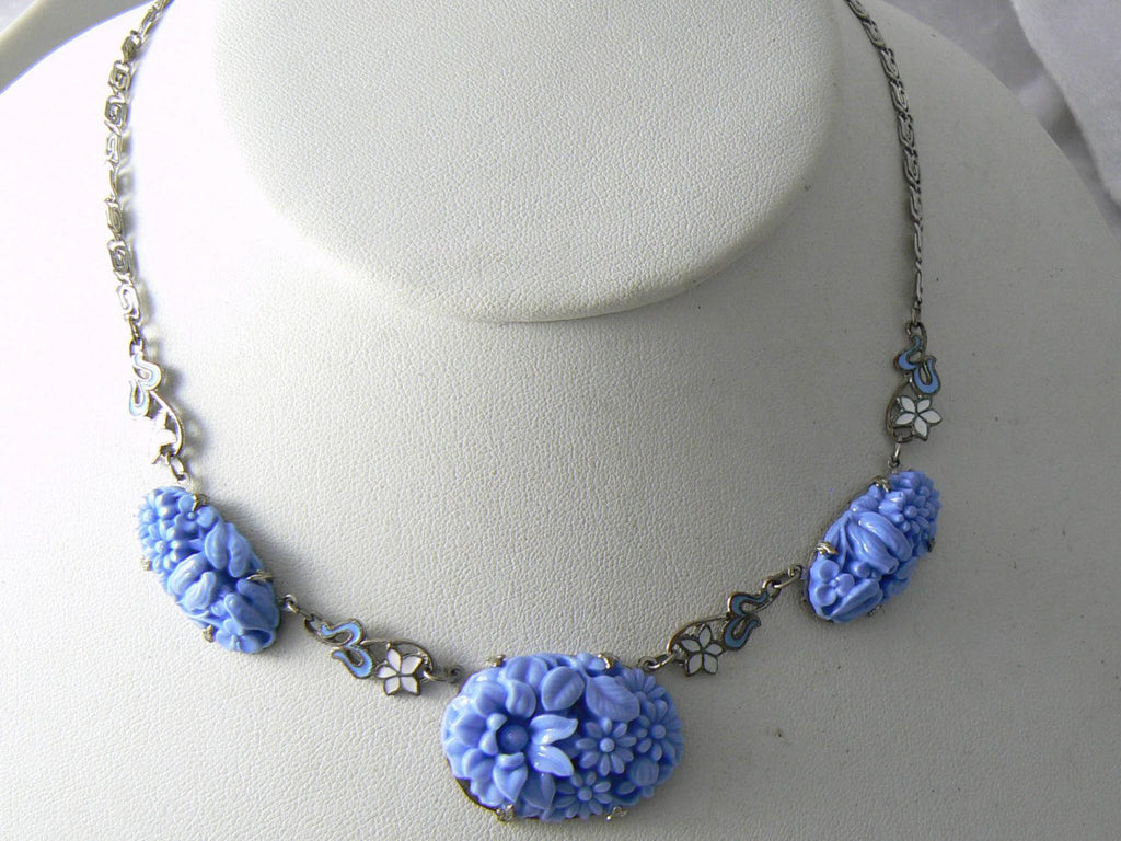 Art Deco Blue Molded Glass With Enamel Flowers Vintage Necklace - Vintage Lane Jewelry