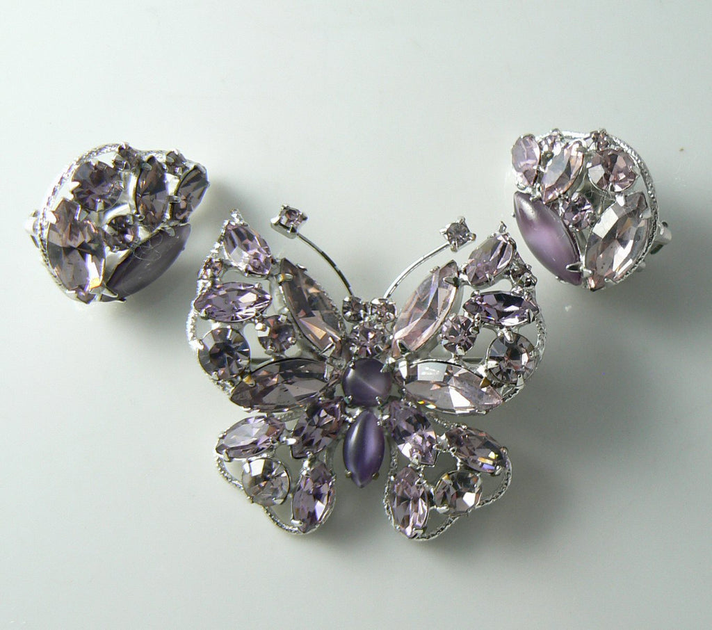 Vintage Regency Pale Purple Rhinestone Brooch And Earring Set - Vintage Lane Jewelry
