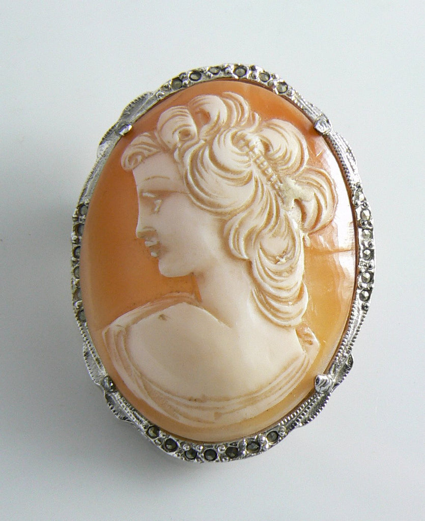 Vintage Hollywood Hand Carved Shell Marcasite Cameo - Vintage Lane Jewelry