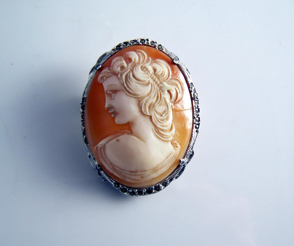 Vintage Hollywood Hand Carved Shell Marcasite Cameo - Vintage Lane Jewelry