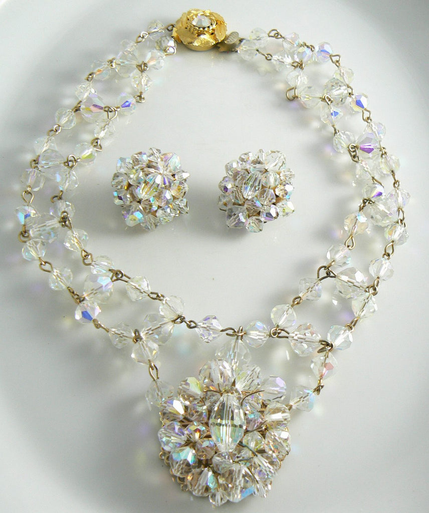 Vintage Ab Crystal Necklace And Earrings - Vintage Lane Jewelry