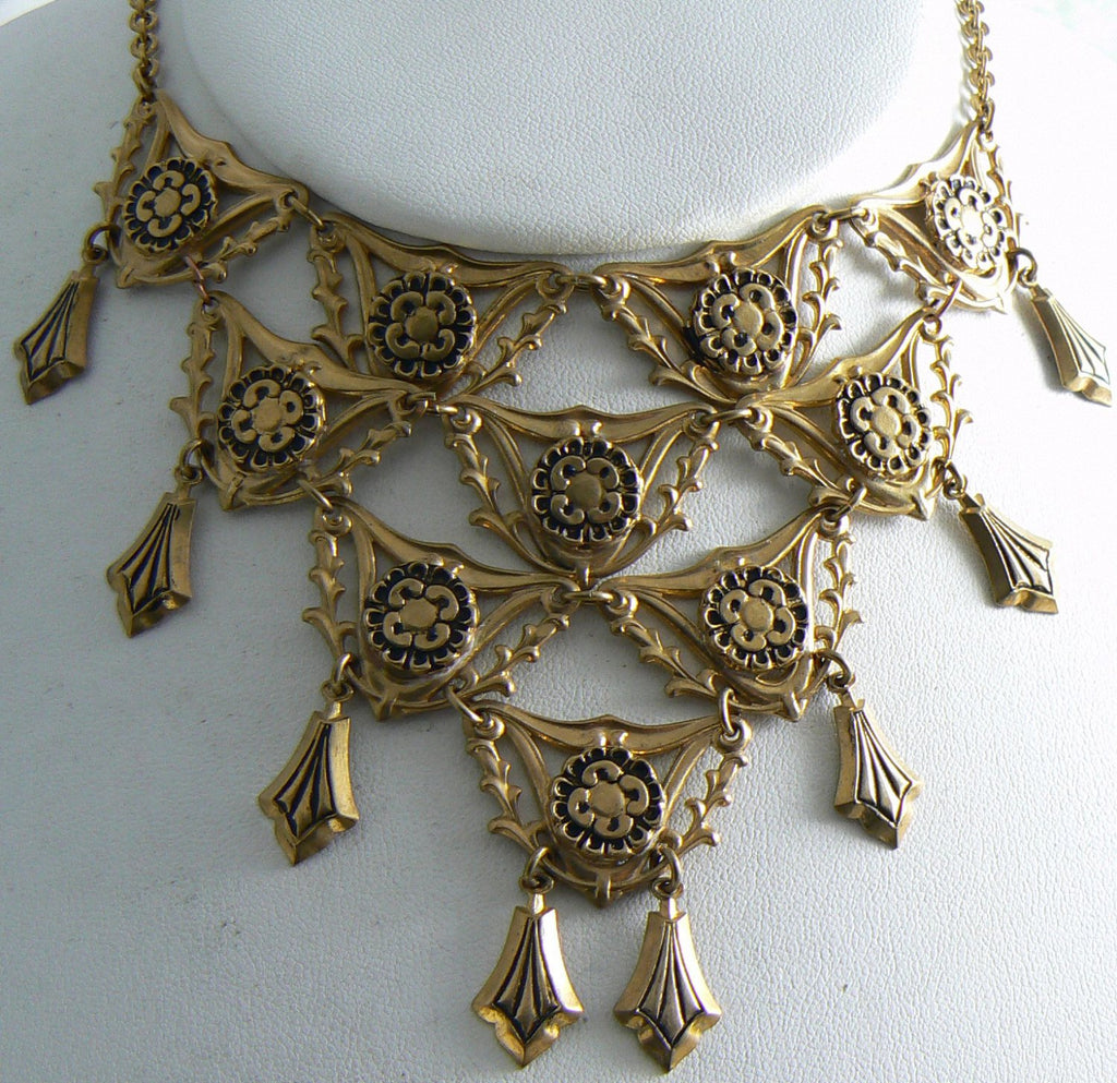 Vintage Art Deco Black Enameled Festoon Dangling Necklace - Vintage Lane Jewelry