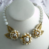 Beautiful Huge White Glass Enamel & Rhinestone Flowers Necklace - Vintage Lane Jewelry