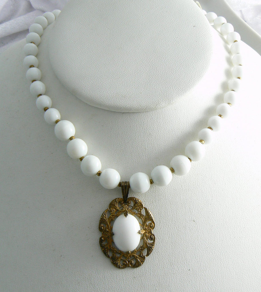 Miriam Haskell White Pendant Necklace - Vintage Lane Jewelry