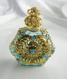 Jeweled Gold Tone Filigree Flower Perfume Bottle Necklace - Vintage Lane Jewelry
