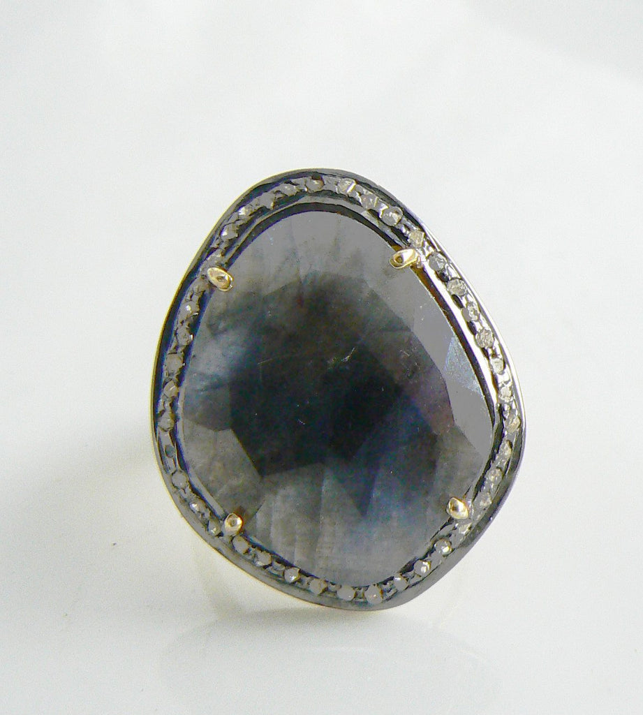 Victorian Genuine Rose Cut Diamonds And Blue Sapphire Ring - Vintage Lane Jewelry