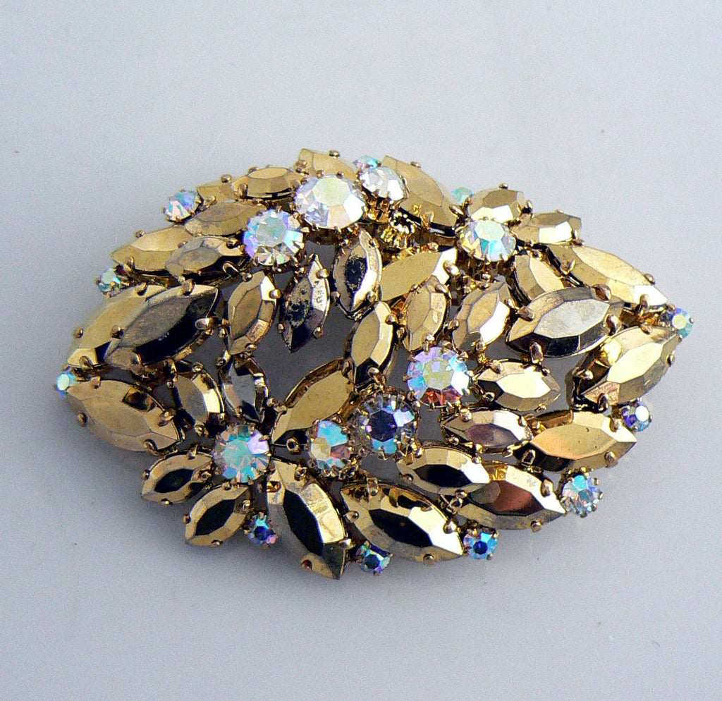 Beautiful Aurora Borealis And Gold Rhinestone Vintage Brooch - Vintage Lane Jewelry