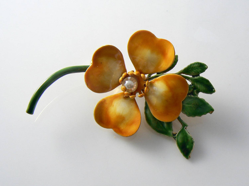 Original By Robert Butterscotch Enamel Dogwood Flower - Vintage Lane Jewelry