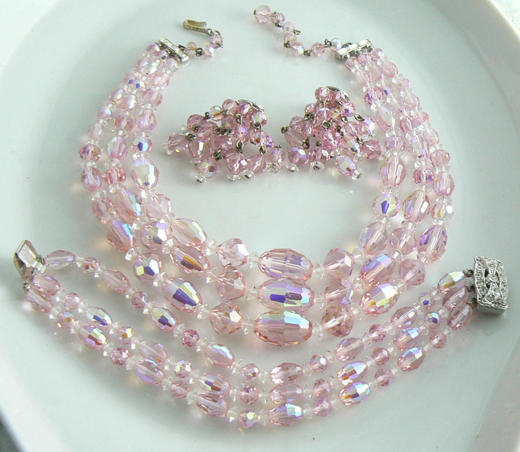 Laguna Pink Borealis Glass Parure - Vintage Lane Jewelry